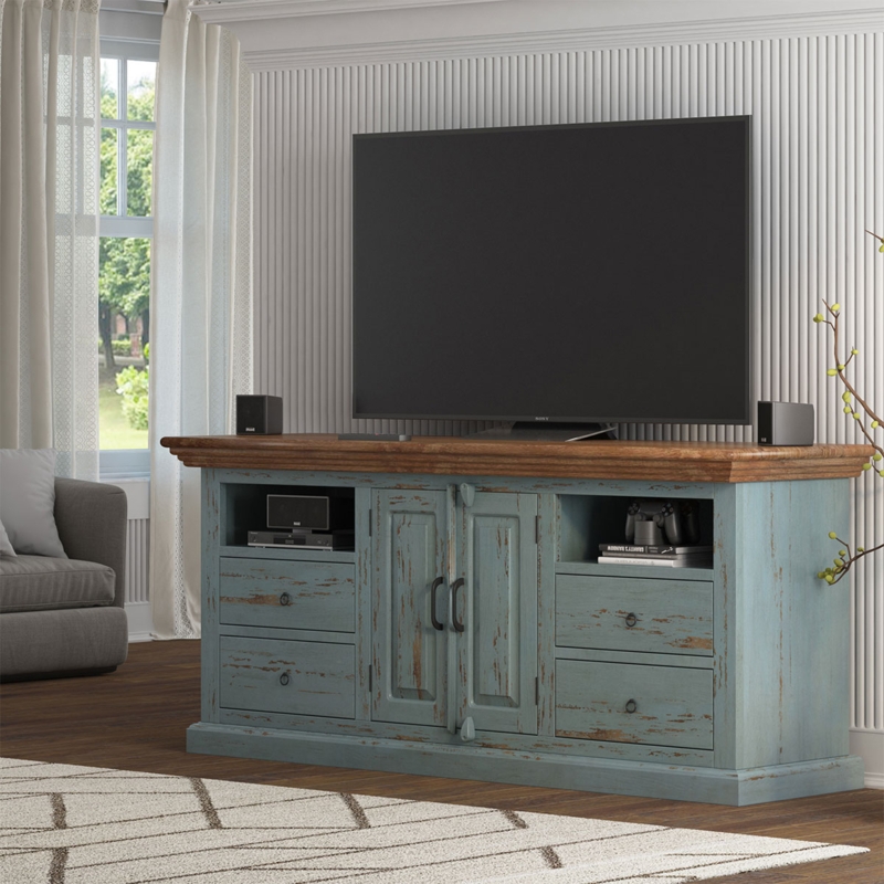 Media Console: 70 Inch Distressed Blue Paint with Four Drawers and Honey Top