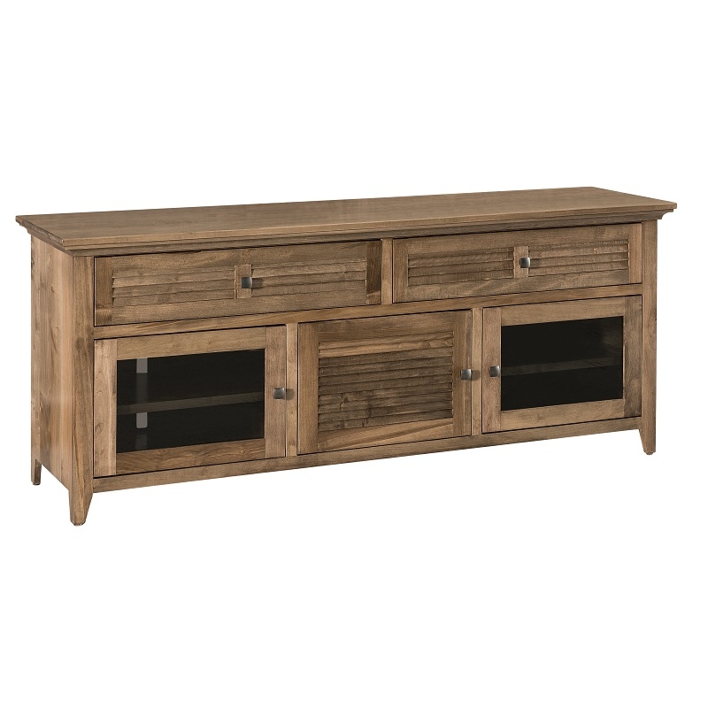 Media Console: 72 Inch Louvered Drawers and Glass Side Doors, Warm Brown