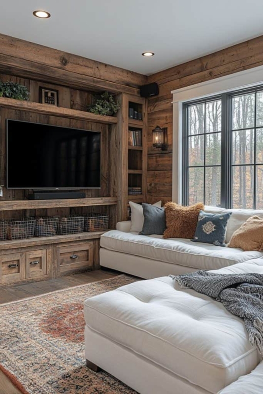 Media Console Built-In: Wire Storage Baskets in Rustic Farmhouse Style