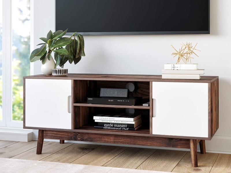 Media Console featuring Sliding White Doors and Tapered Legs.