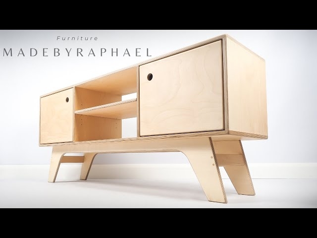 Media Console Mid-Century Plywood Splayed Base Circular Pulls