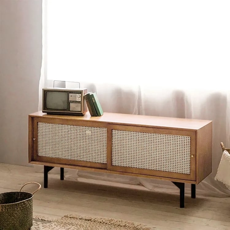 Media Console: Rattan Cane Sliding Doors and Tapered Black Legs in Walnut