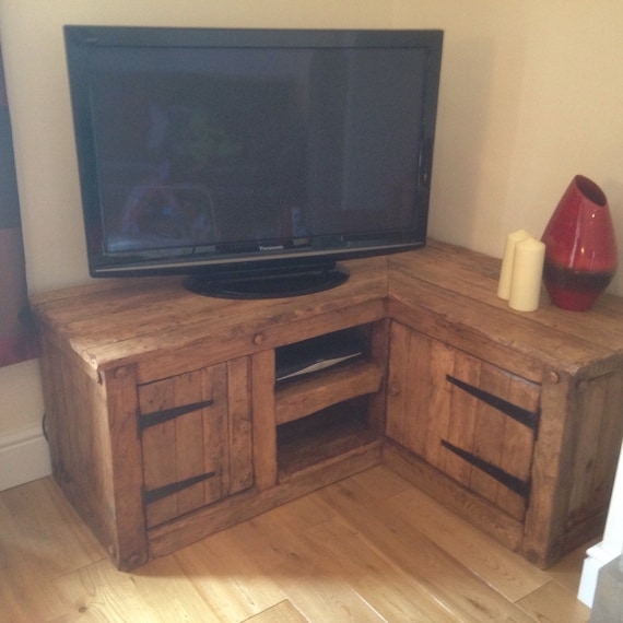 Media Console Strap Hinges Chunky Wood Frame Farmhouse Style