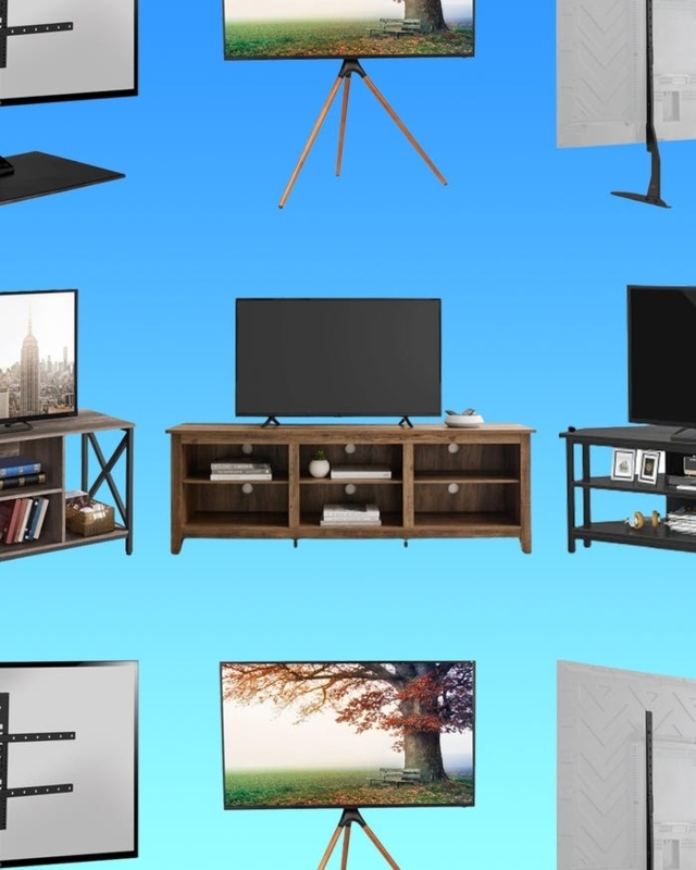 Media Console Tripod TV Pedestal with Open Shelving, Mid-Century Style.