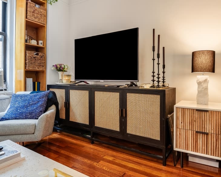 Media Console with Cane Webbing Panels, Black Cane TV Stand Four Doors.