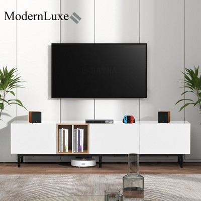 Media Console with Open Niche: Matte White and Wood Toned, Black Legs.