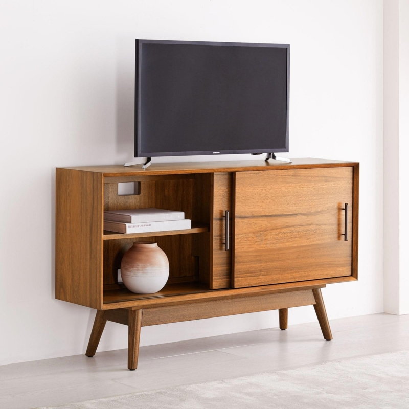 Media Console with Splayed Base, Mid Century TV Stand, Sliding Door.