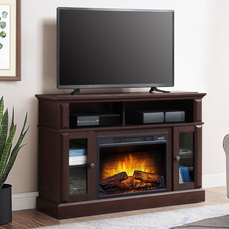 Media Fireplace Console Cherry Brown Glass Front Cabinets