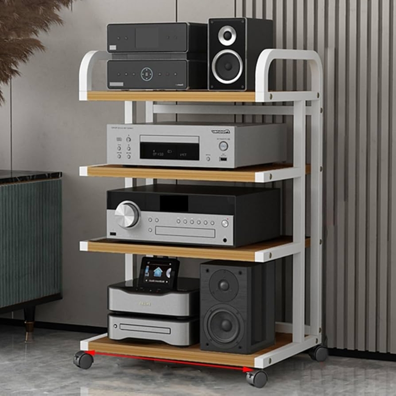 Media Rack Curved Side Rails Locking Casters White Walnut Audio Stand