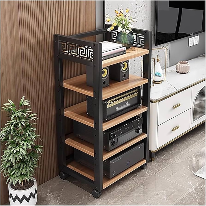 Media Rack Greek Key Pattern 5-Tier Rolling Stand for Audio Components