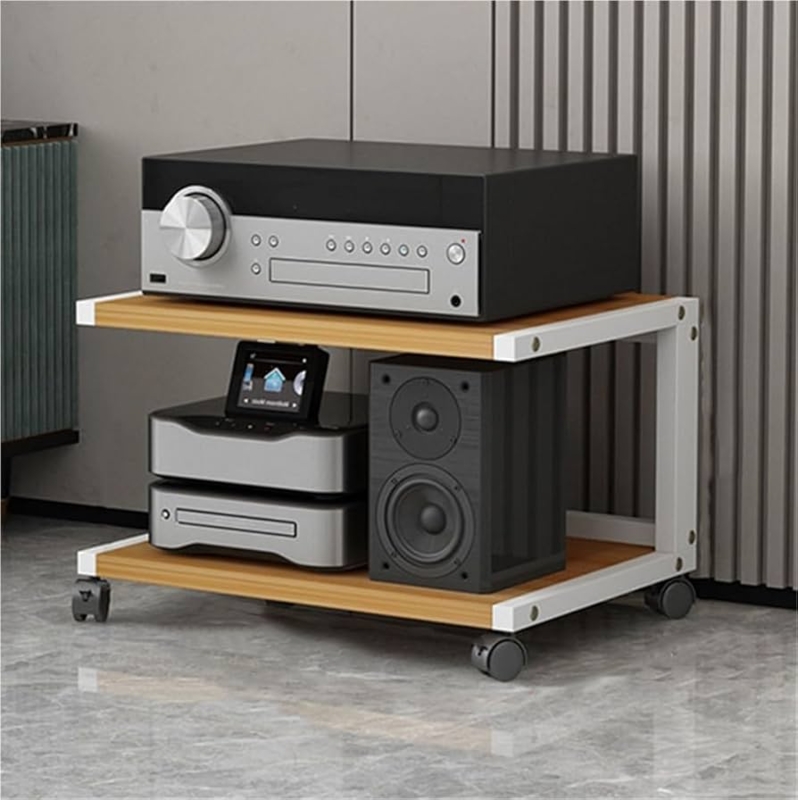 Media Rack Mobile Base White Metal Frame 2-Tier Wood Tone Compact Stand