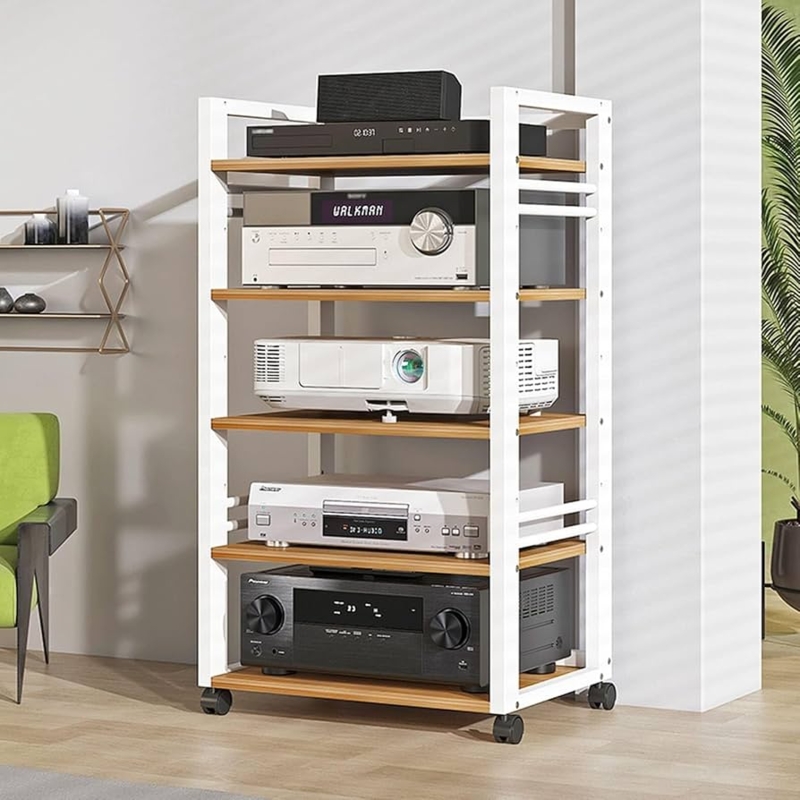 Media Rack Side Support Rails White Matte Finish 5-Tier Stereo Stand