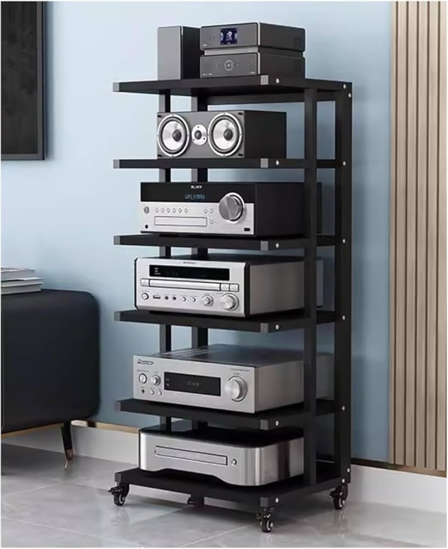Media Rack Six Tier Locking Casters Matte Black Mobile Stereo Cabinet