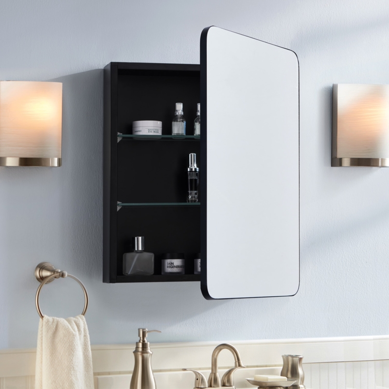 Medicine Cabinet Rounded Mirror Corners Glass Shelves Surface Mount