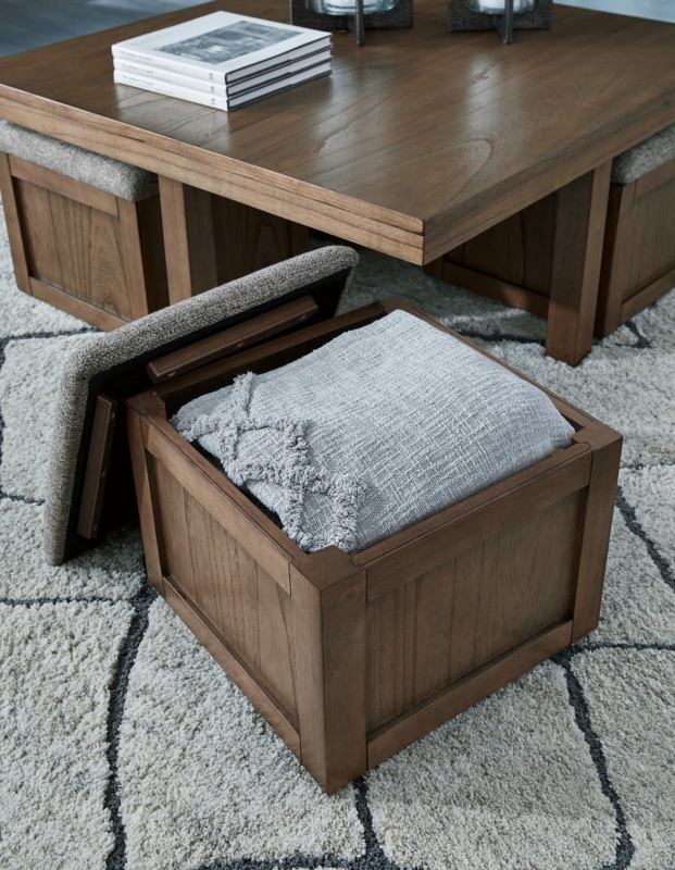 Medium Brown Wood Coffee Table Set with Hidden Storage Stools