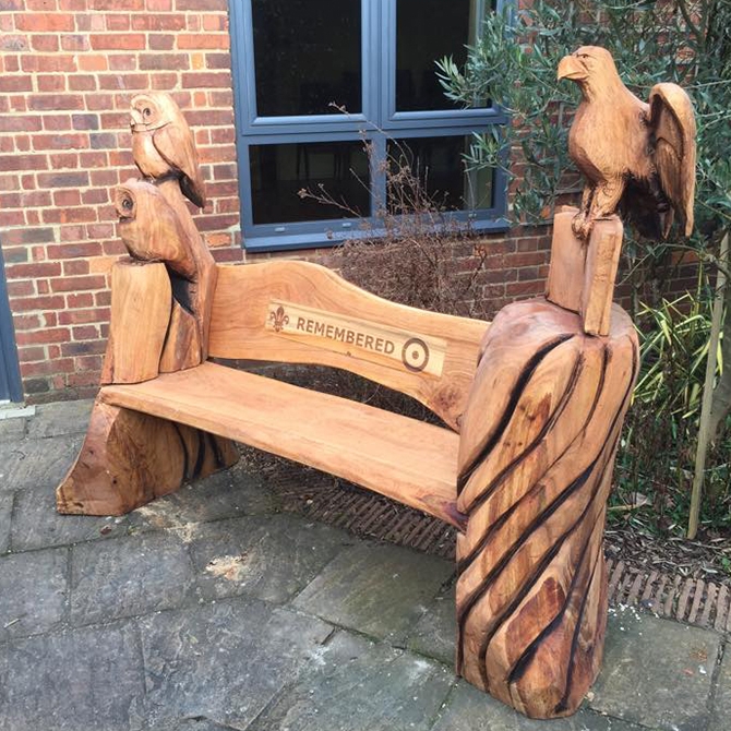 Memorial Bench Garden Seating Carved Owl Eagle Engraving Spiral Trunks