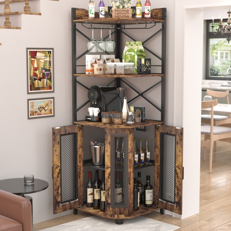 Mesh Door Corner Bar Cabinet: Integrated Lighting, Wood-Toned Shelves