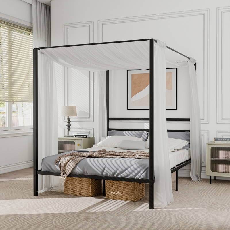 Metal Canopy Bed Matte Black Transitional Frame with Underbed Clearance
