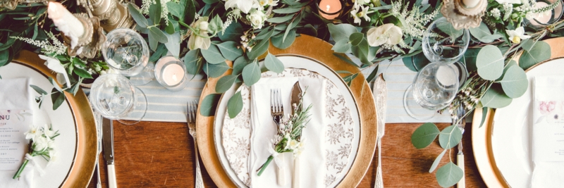Metallic Charger Plates with Botanical Greenery Centerpiece Decor