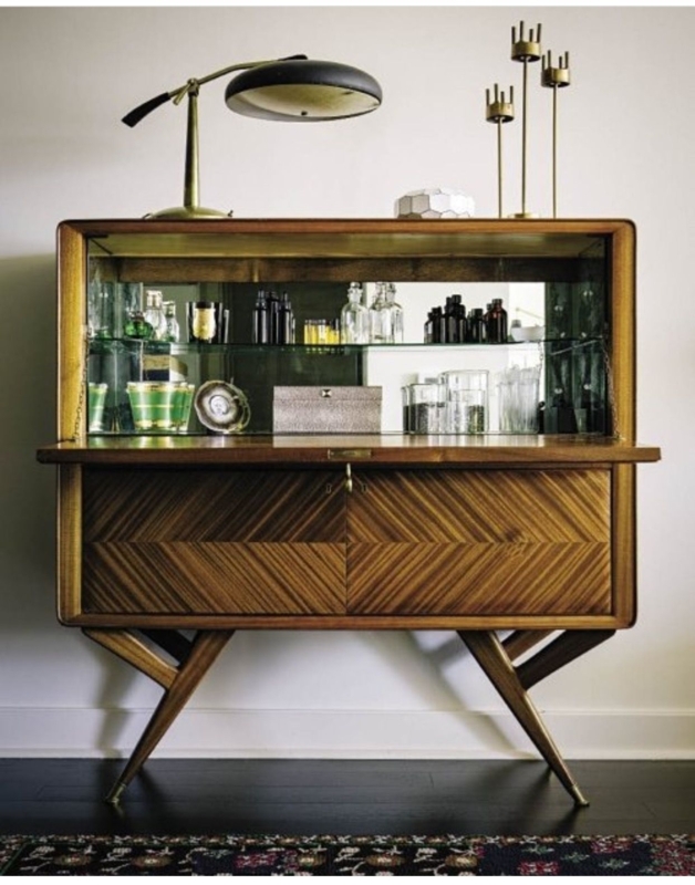 Mid-Century Bar Cabinet Walnut with Chevron Pattern and Tapered Legs