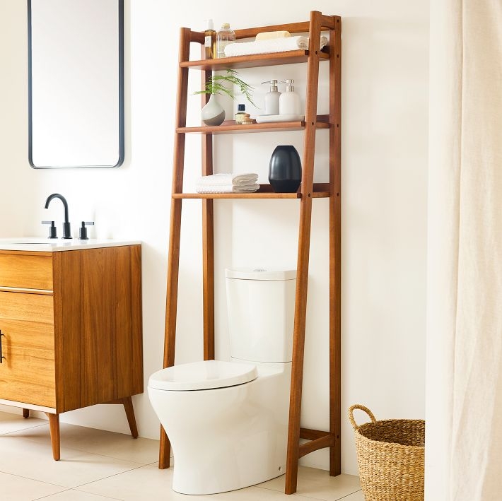 Mid-Century Bathroom Storage: Walnut Ladder Shelf with Tapered Legs