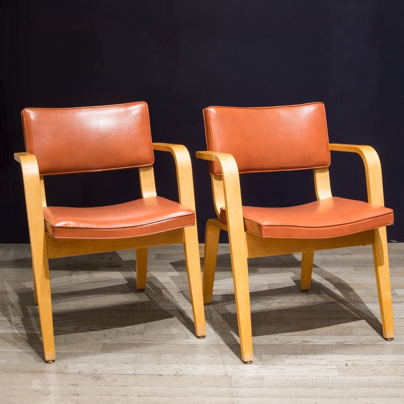 Mid-Century Bentwood Armchair: Cognac Upholstery, Blonde Wood, Open Back