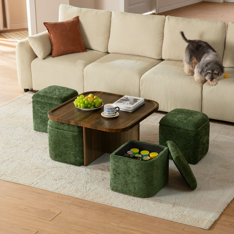 Mid-Century Coffee Table Set featuring Forest Green Chenille Stools