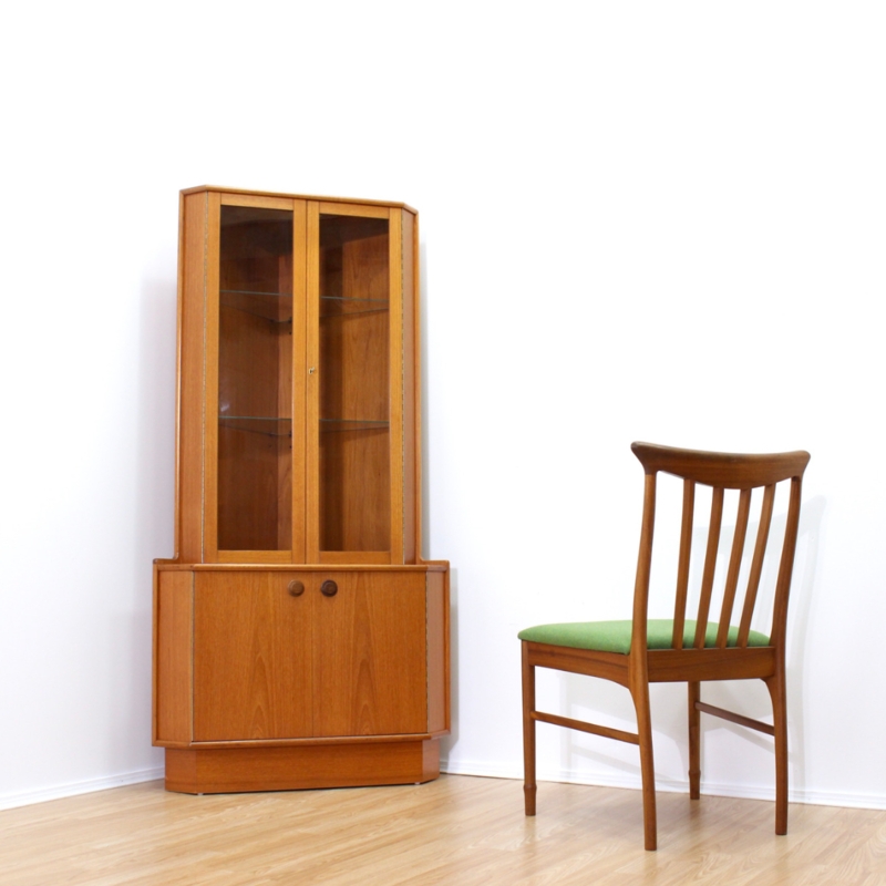 Mid-Century Corner Cabinet featuring Tapered Legs and Glass Display