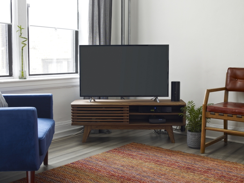 Mid-Century Corner TV Stand Walnut with Slatted Front