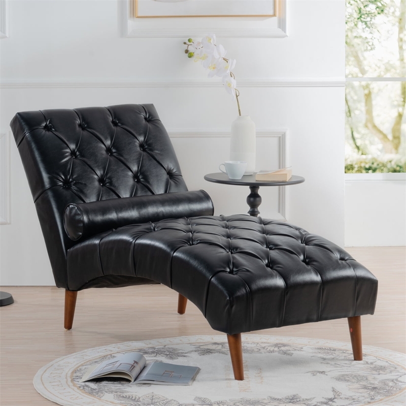 Mid-Century Faux Leather Chaise with Tapered Wood Legs and Bolster