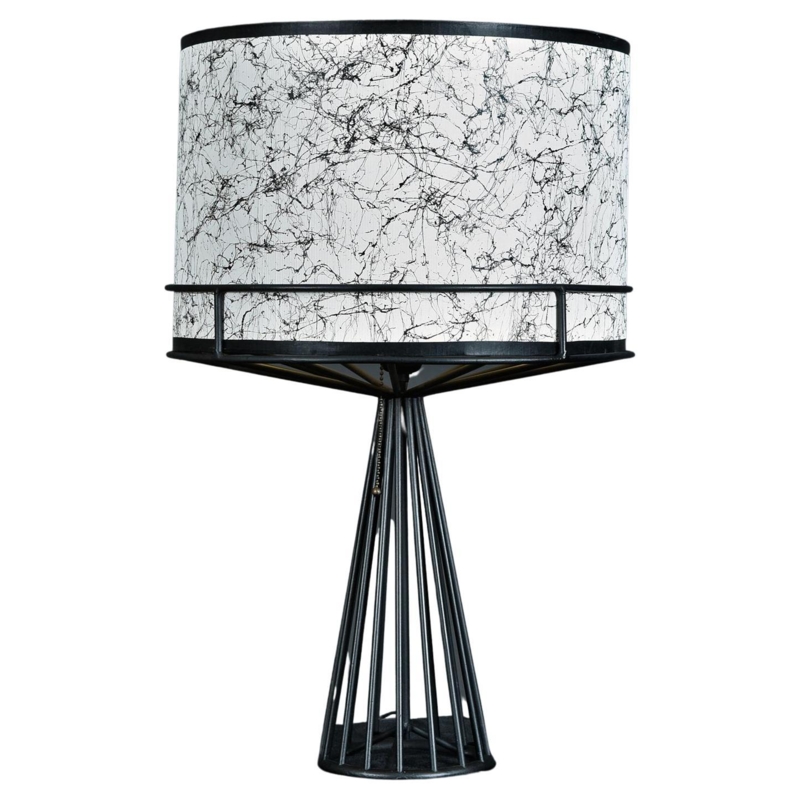 Mid-Century Modern Black Wire Cage Lamp, Splatter Pattern Shade
