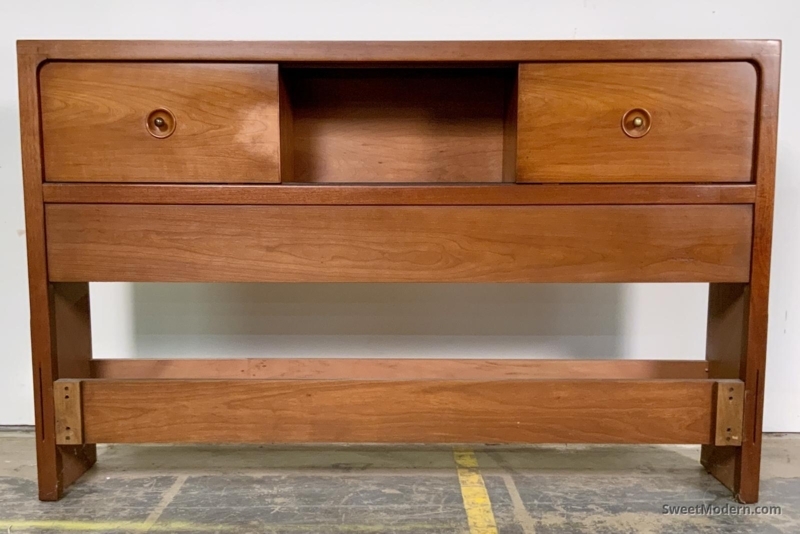Mid-Century Modern Bookshelf Headboard with Circular Wood Pulls