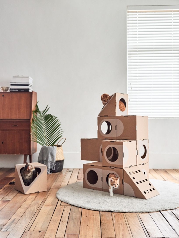 Mid-Century Modern Cat Furniture with Perforated Ramp and Modular Units