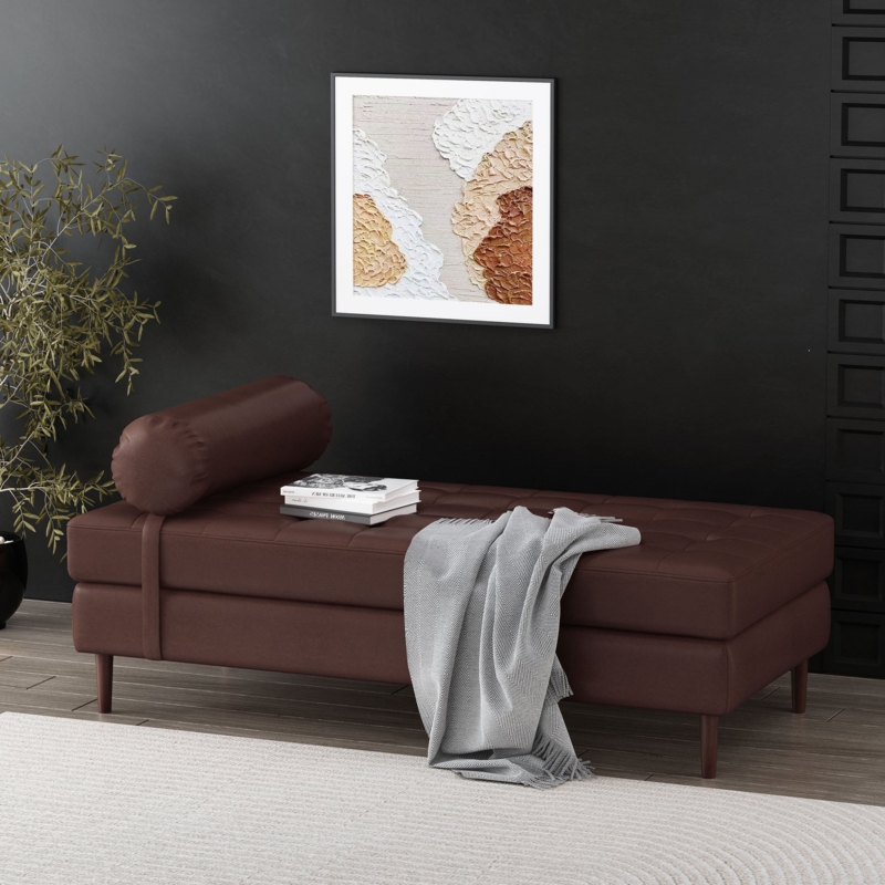 Mid-Century Modern Chaise Lounge with Grid Stitching and Bolster Pillow