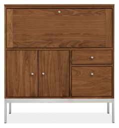 Mid-Century Modern Office Armoire on Square Metal Base in Walnut