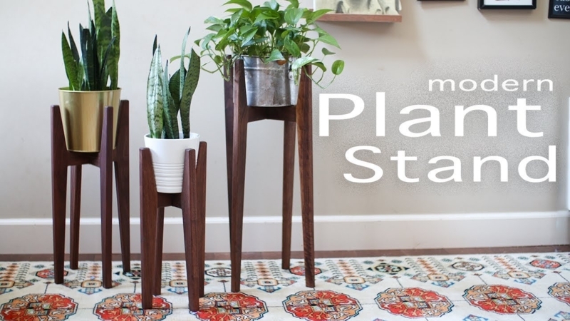 Mid-Century Modern Plant Stand Set with Quad Legs and Walnut Tone.