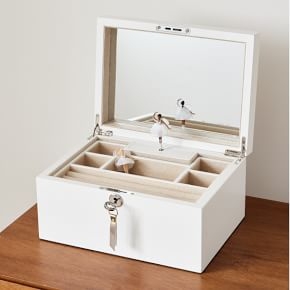 Mid-Century Musical Jewelry Box, High-Gloss White with Lock and Key