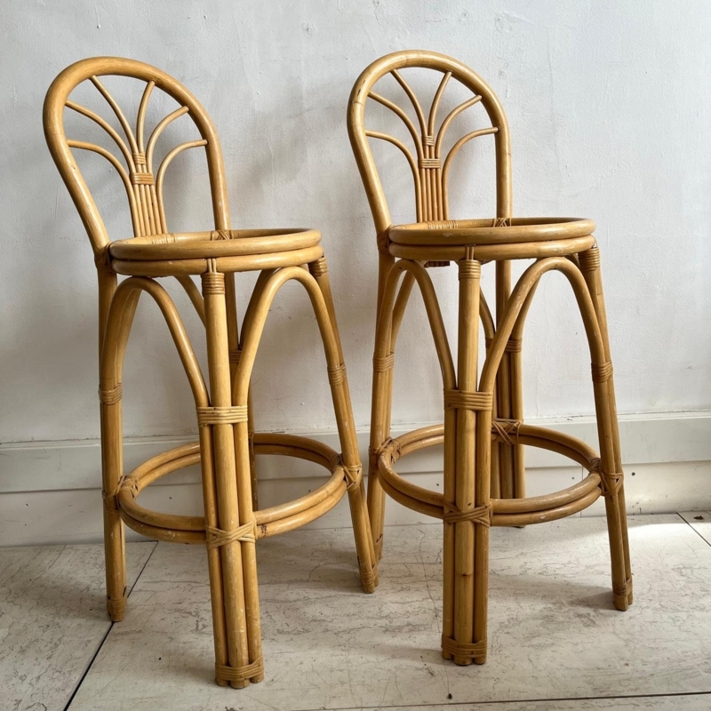 Mid Century Rattan Bar Stools with Fan Back and Open Seat Ring