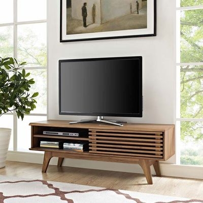 Mid Century TV Stand with Slatted Sliding Door, Tapered Legs.