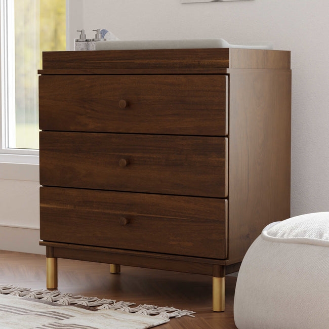 Mid-Century Walnut Dresser: Gold Leg Caps, Round Knobs, Removable Tray.