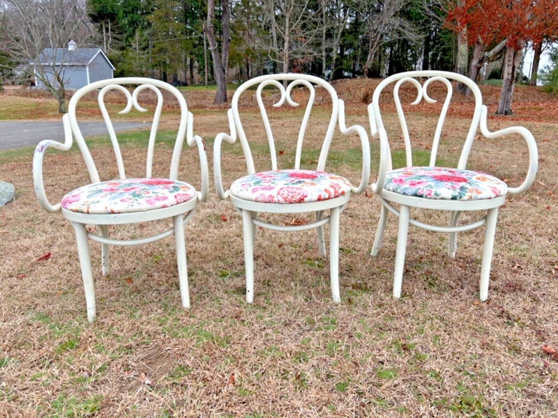 Midcentury Bentwood Armchair: Heart Scrolled Back, Floral Upholstery