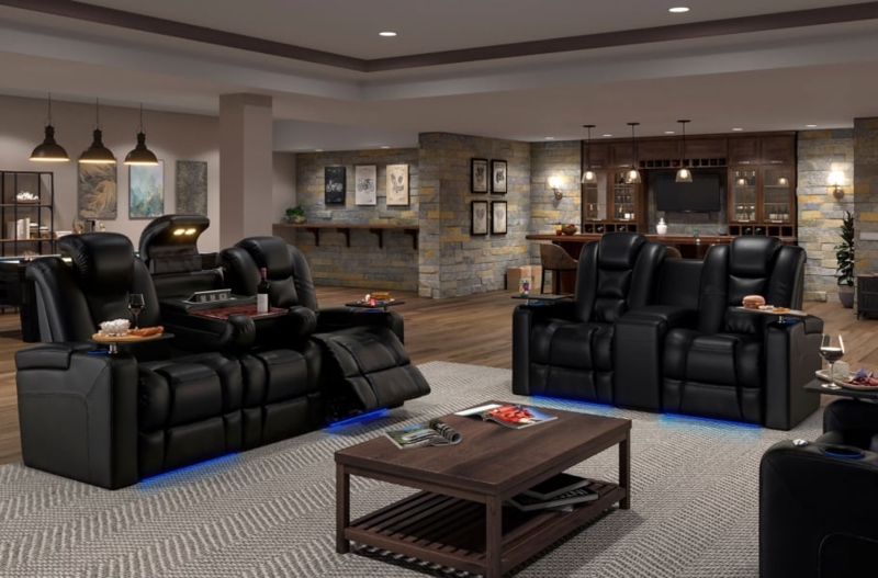 Midnight Black Theater Loveseat with Swivel Tray Tables