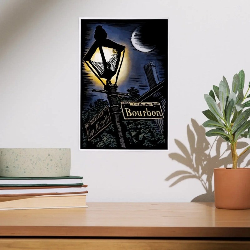 Midnight Blue Wall Art Print with Crescent Moon Illustration