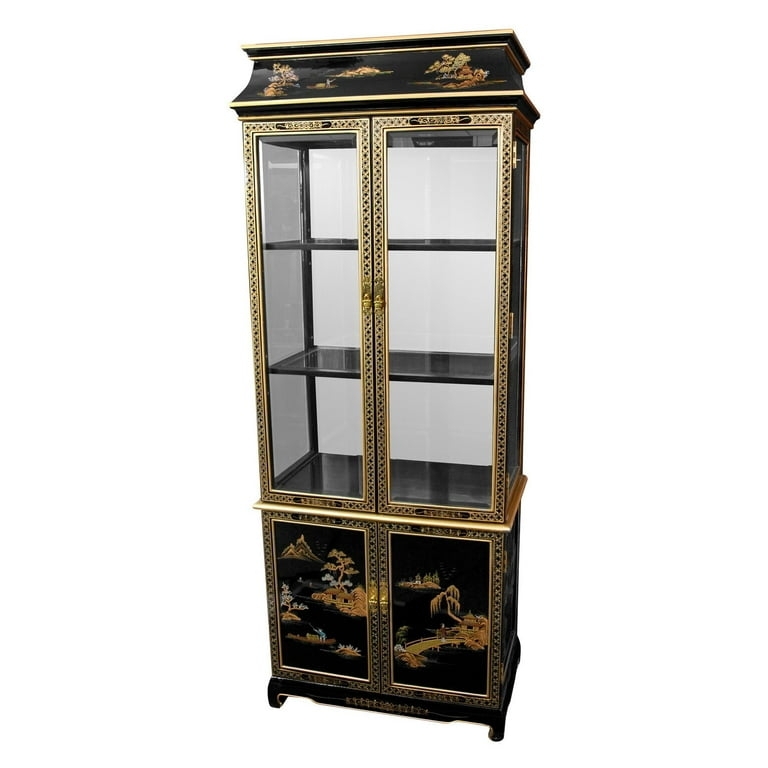 Ming Pagoda Top Cabinet Black Lacquer with Hand Painted Landscape