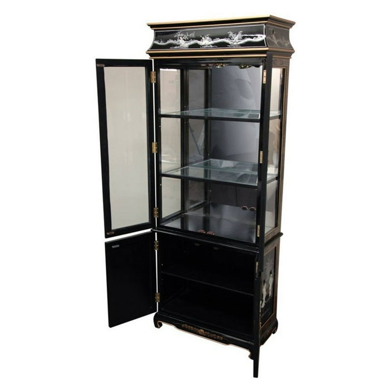 Ming Pagoda Top Curio Cabinet with Hand Painted Oriental Landscape