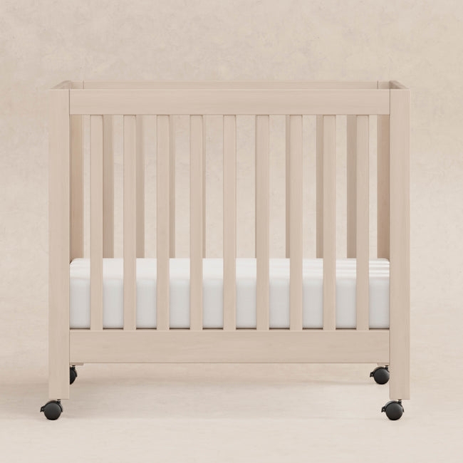 Mini Crib with Mattress, Whitewashed Wood and Black Casters