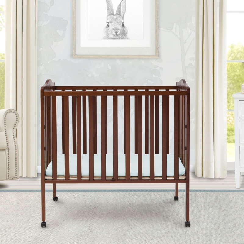 Mini Crib with Slats, Folding Frame in Reddish Brown Wood Tone