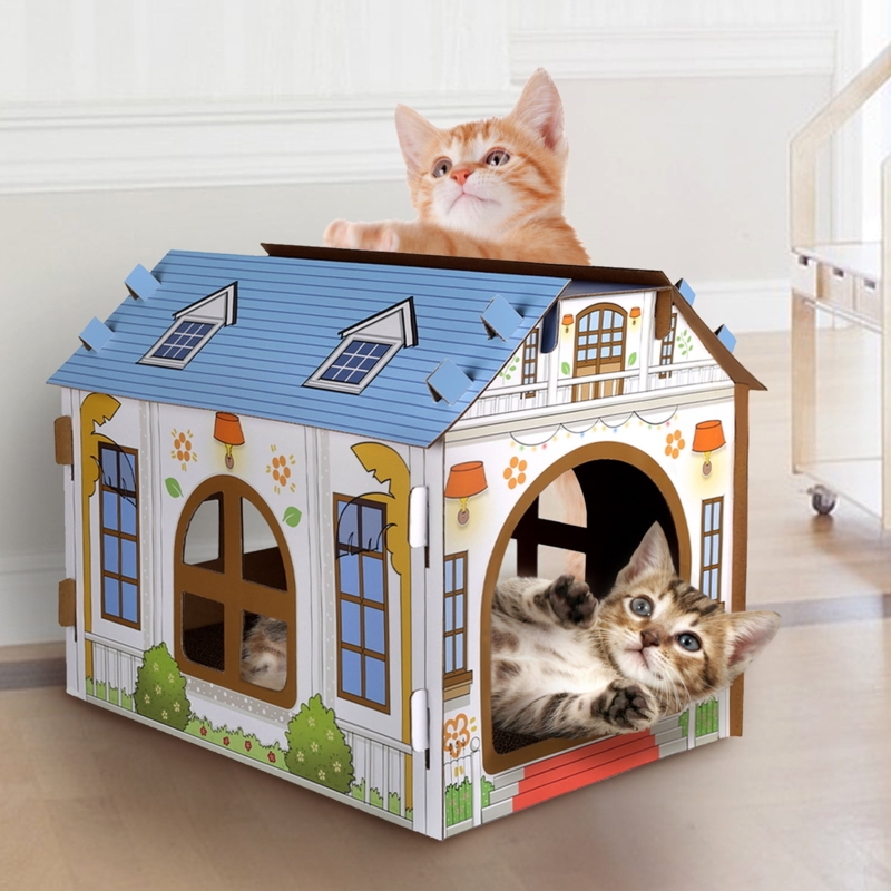 Miniature Cat Cottage with Illustrated Facade and Sky Blue Roof Details
