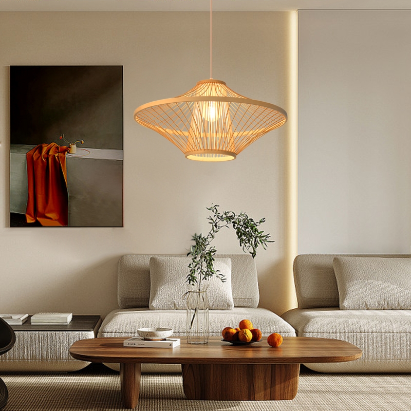 Minimalist Bamboo Pendant Light Saucer Shape Vertical Slats