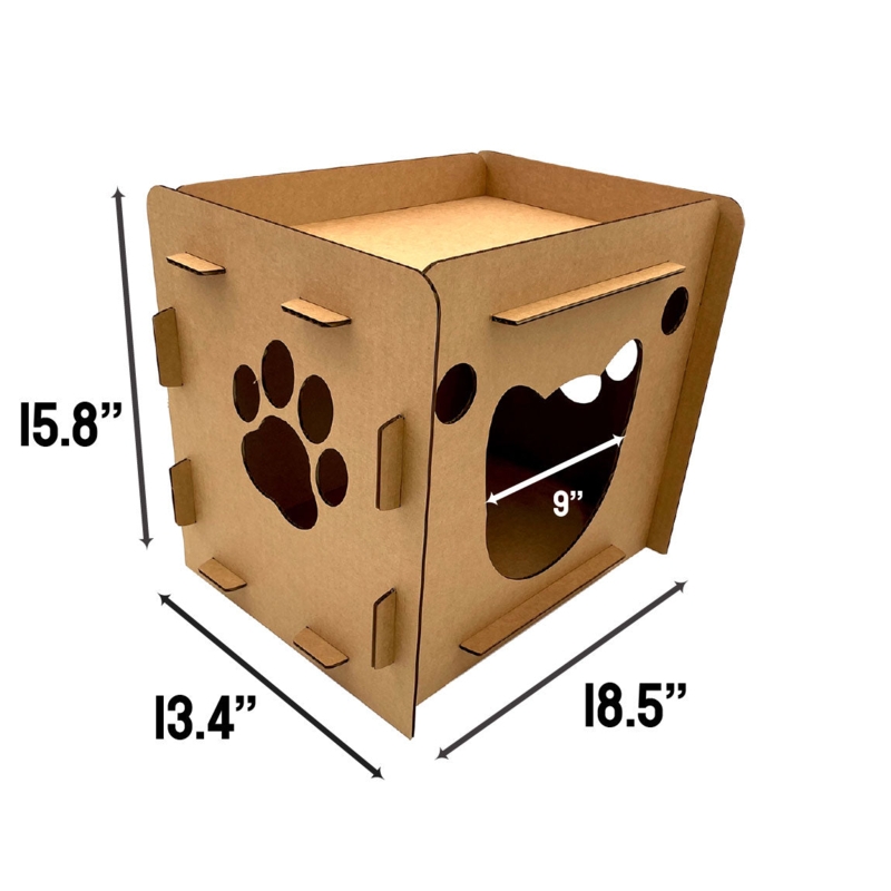 Minimalist Cardboard Cat Condo with Paw Print Cutout and Recessed Top